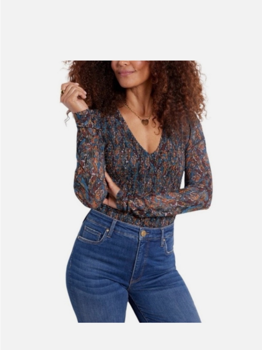 Evereve Smocked V-Neck Long Sleeve Floral Blouse - Blue Multi